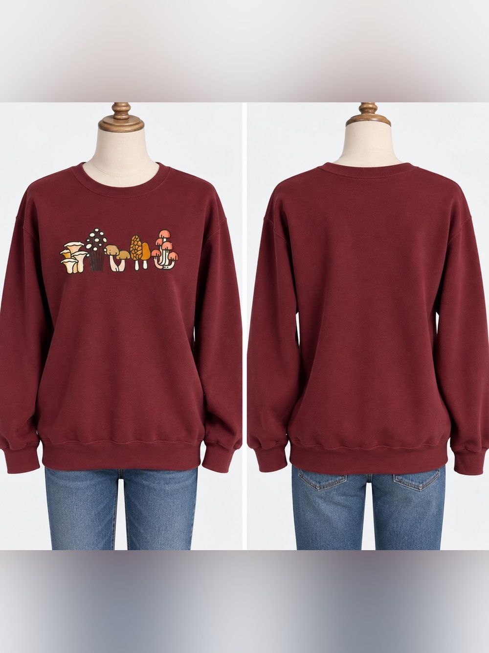 Burgundy Mushroom Graphic Crewneck Sweatshirt Cottagecore Youth L